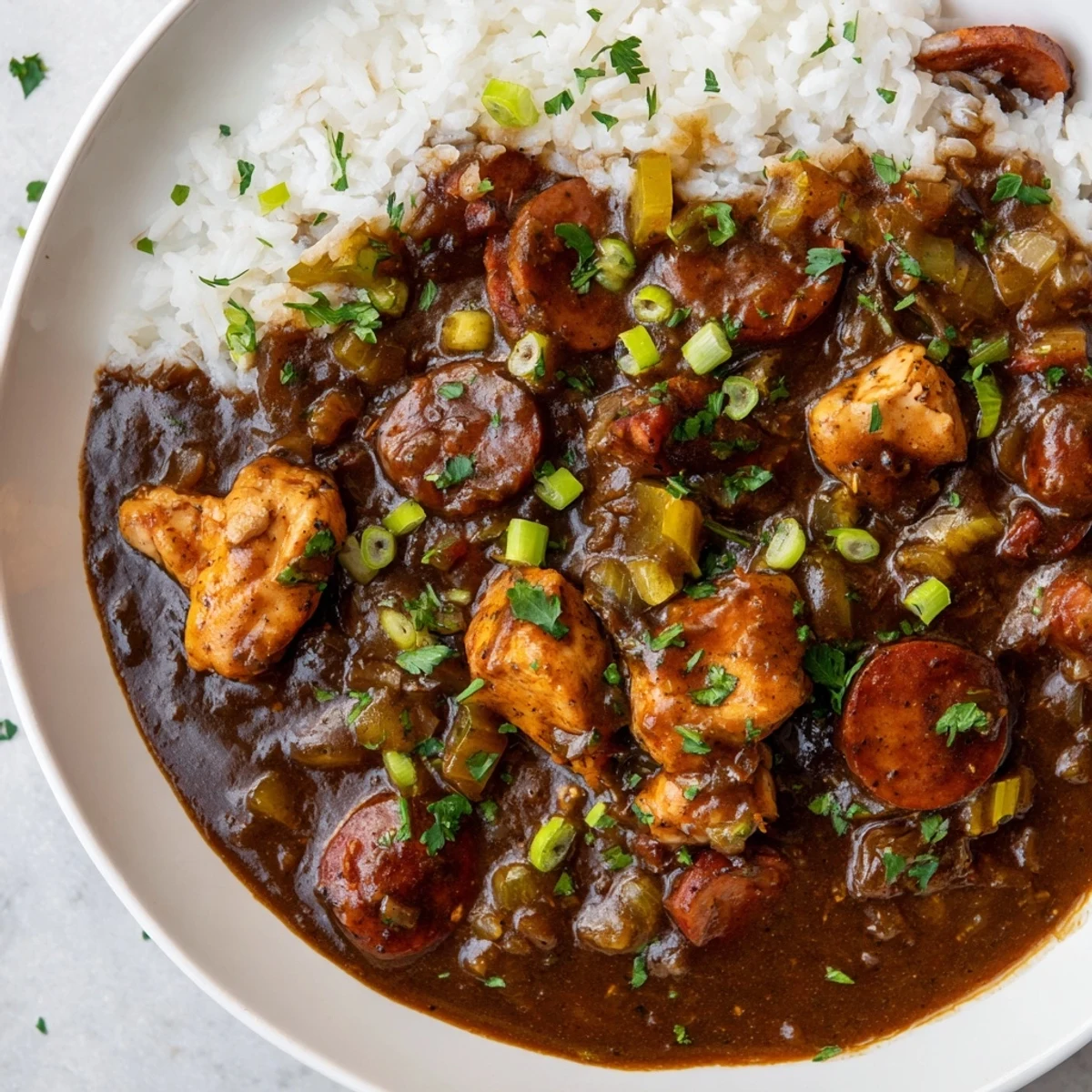 Close-up of rich Cajun Chicken and Sausage Gumbo broth featuring tender chicken and smoky andouille sausage slices.