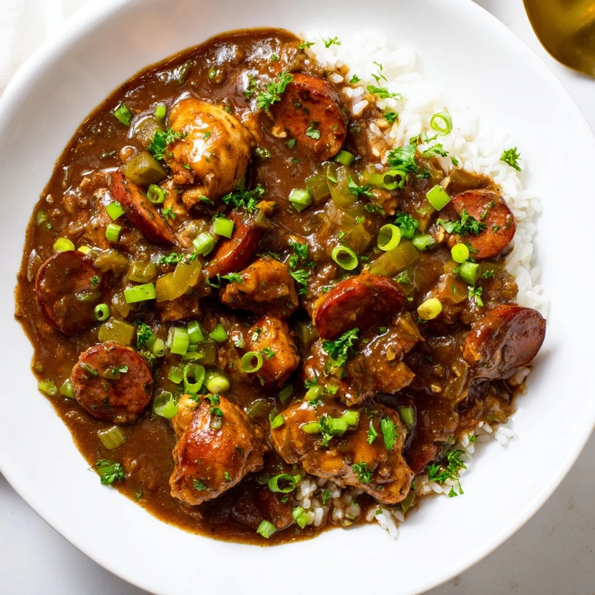 A steaming bowl of Cajun Chicken and Sausage Gumbo served over fluffy white rice and garnished with fresh parsley.