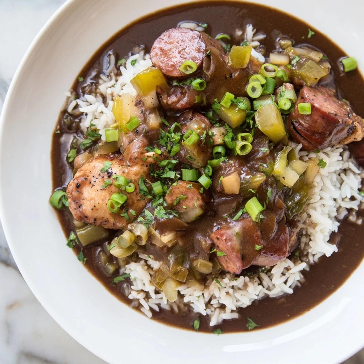 Hearty Cajun Chicken and Sausage Gumbo in a rustic bowl, ready to serve with a side of crusty bread.