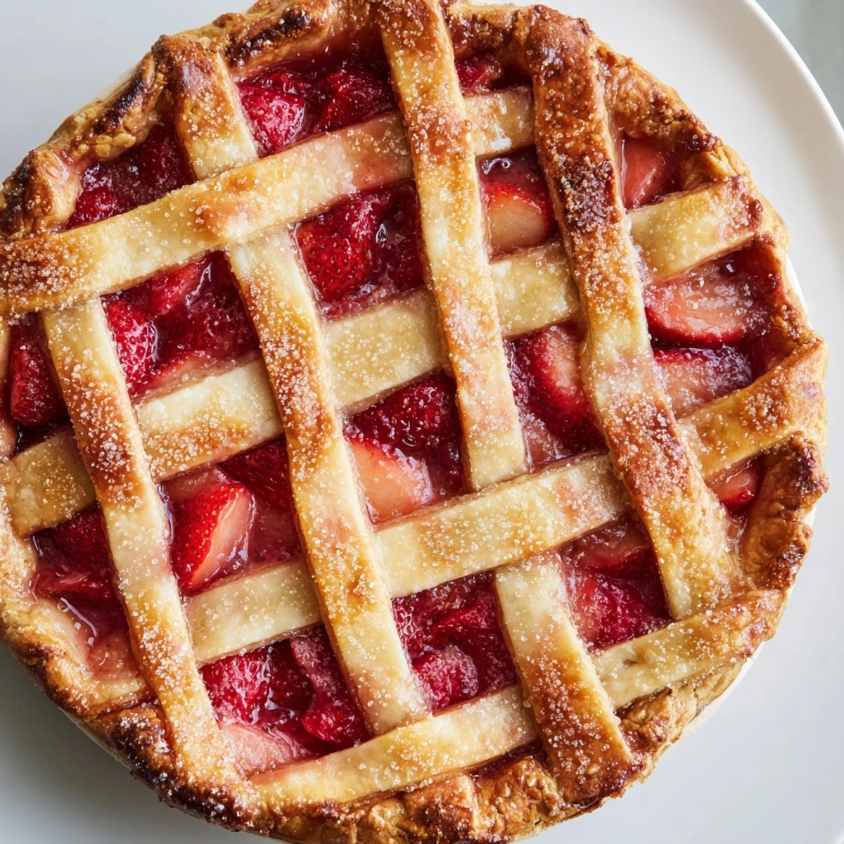 Fresh slices of Strawberry Rhubarb Pie reveal a golden, flaky lattice crust over vibrant red fruit filling, served on a white plate.