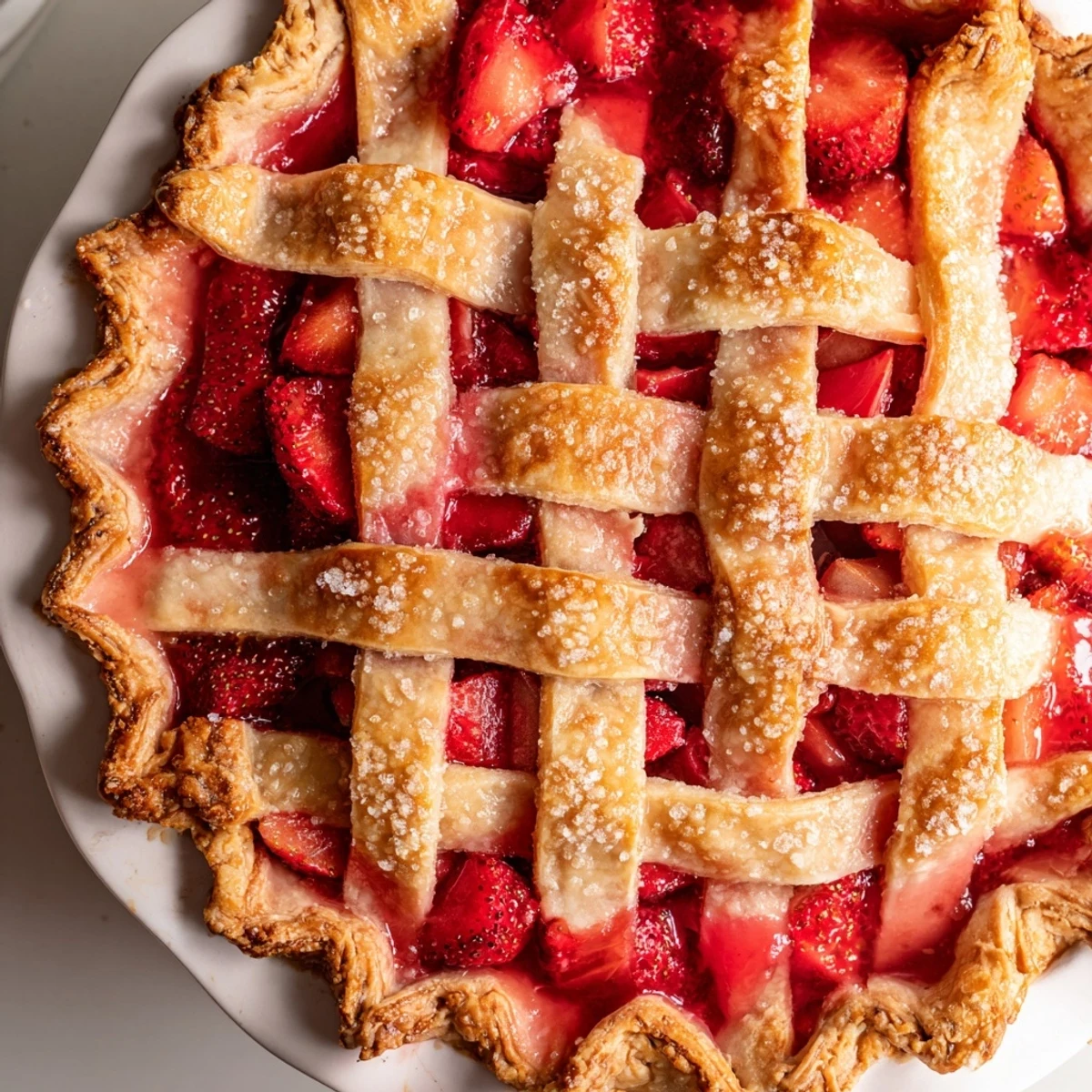 A slice of Strawberry Rhubarb Pie rests on a ceramic dish, with vanilla ice cream melting over the warm, juicy fruit filling.