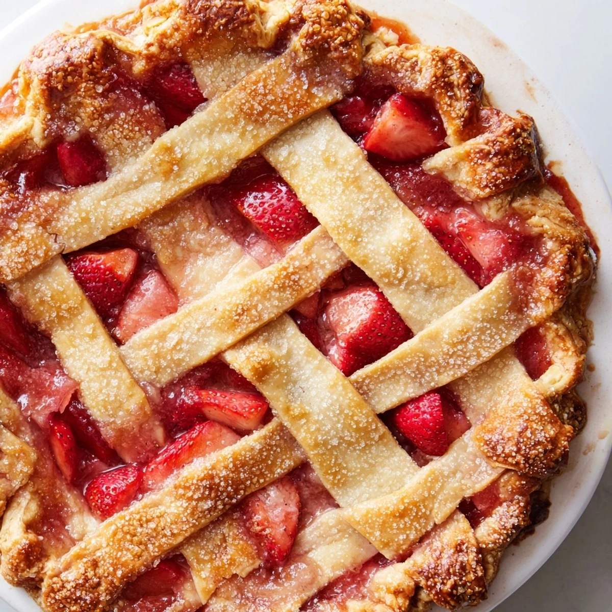A close-up of Strawberry Rhubarb Pie highlights bubbly, sweet-tart filling under a buttery lattice, perfect for a summer potluck dessert.