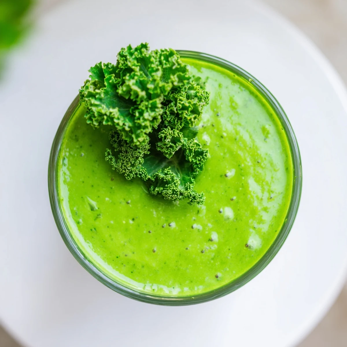 Fresh Green Smoothie with Kale and Pineapple poured into a tall glass with a green vibrant color, topped with a pineapple slice and kale garnish, served with a straw on a wooden table.