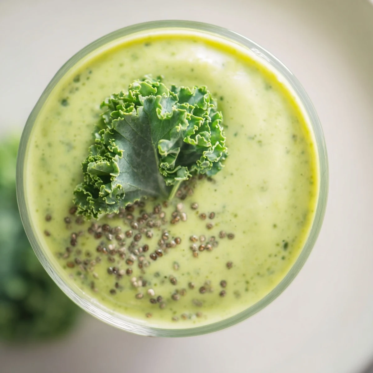 A tall glass of Green Smoothie with Kale and Pineapple showcases its bright green hue, blending sweet pineapple chunks and creamy banana for a refreshing tropical sip.