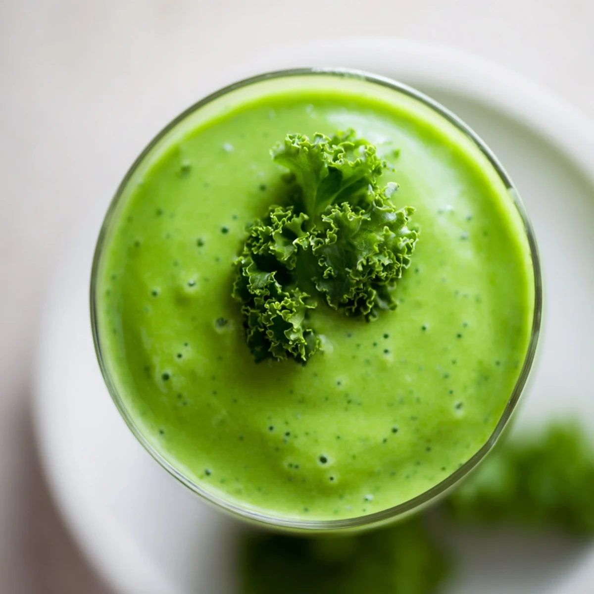 Close-up shot of Green Smoothie with Kale and Pineapple in a mason jar, garnished with fresh kale leaves and pineapple wedges, surrounded by scattered ingredients on a white countertop.