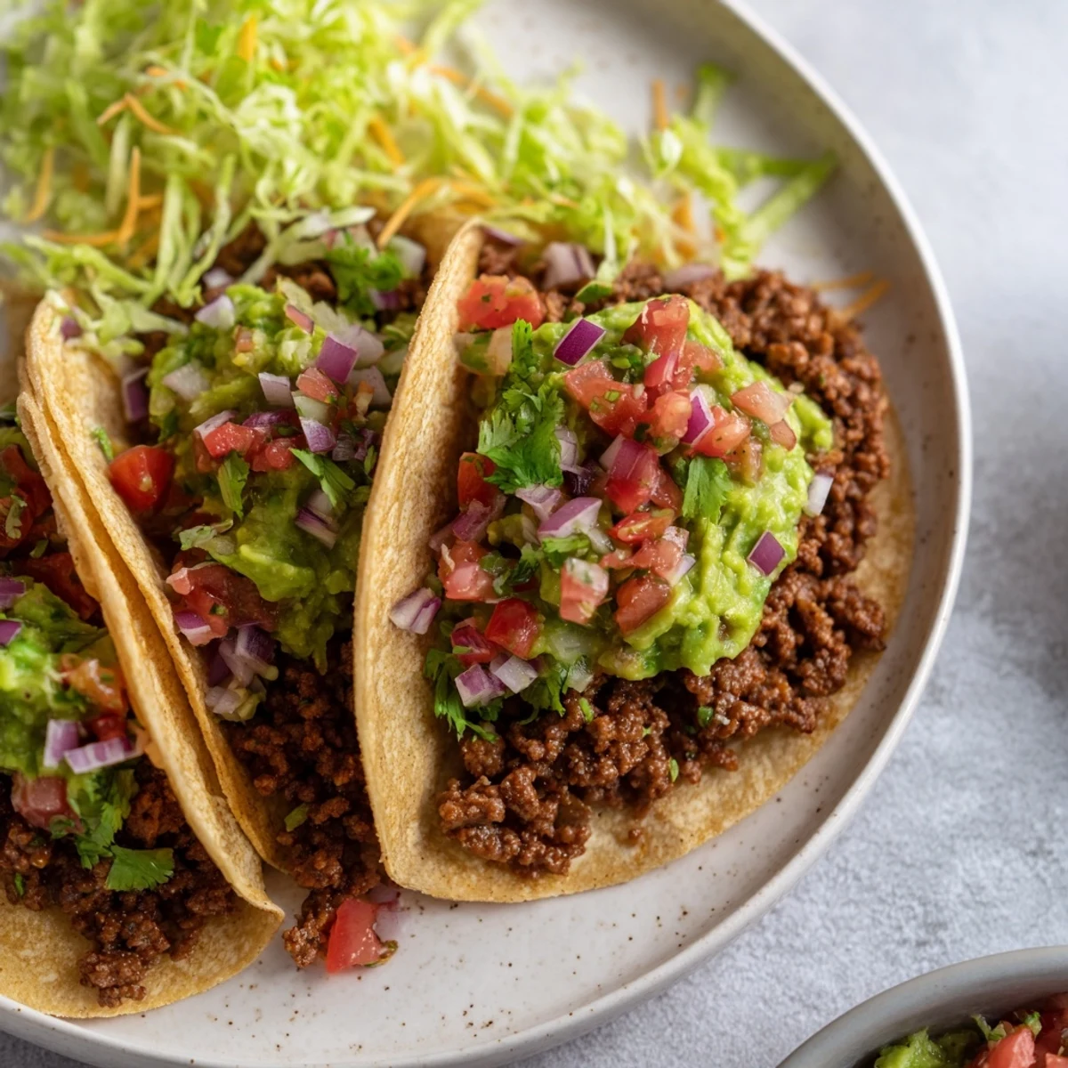 Golden brown spiced beef filling over warm corn tortillas loaded with fresh salsa and guacamole.