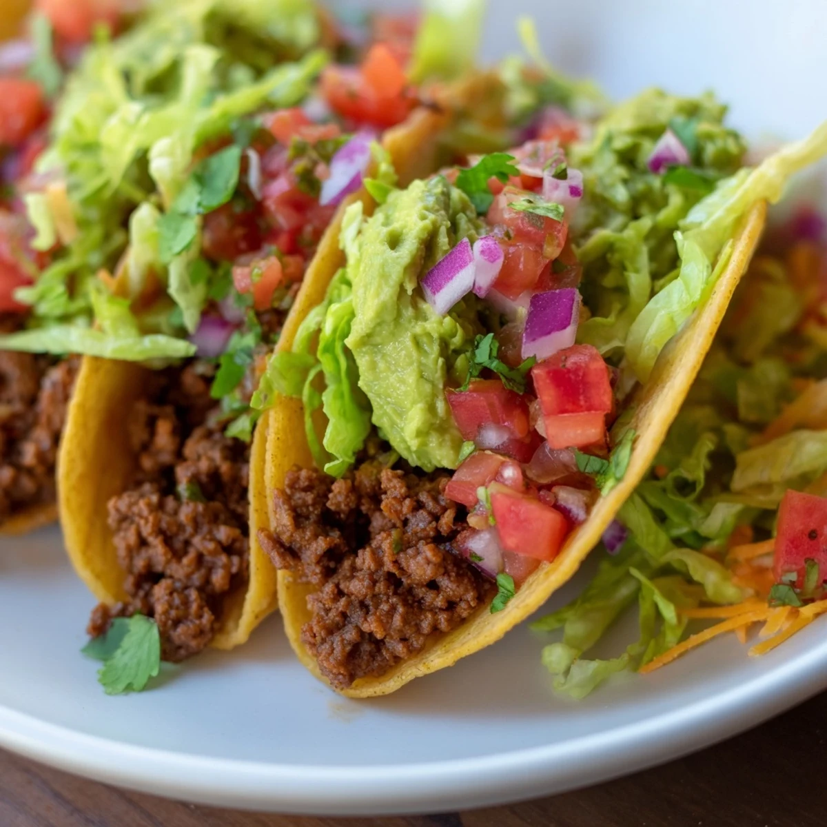 Sizzling ground beef tacos topped with homemade guacamole and vibrant salsa for a festive meal.