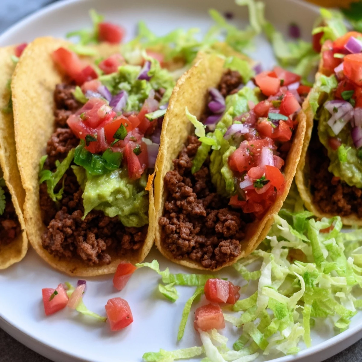 A platter of easy gluten-free beef tacos with creamy guacamole, fresh pico de gallo, and lime.