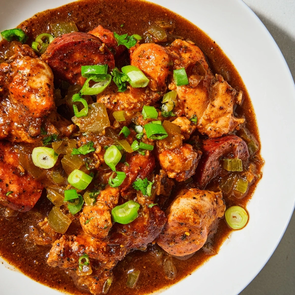 Steaming bowl of Cajun Chicken and Beef Sausage Gumbo with tender meat and vegetables in a rich roux broth served over rice.