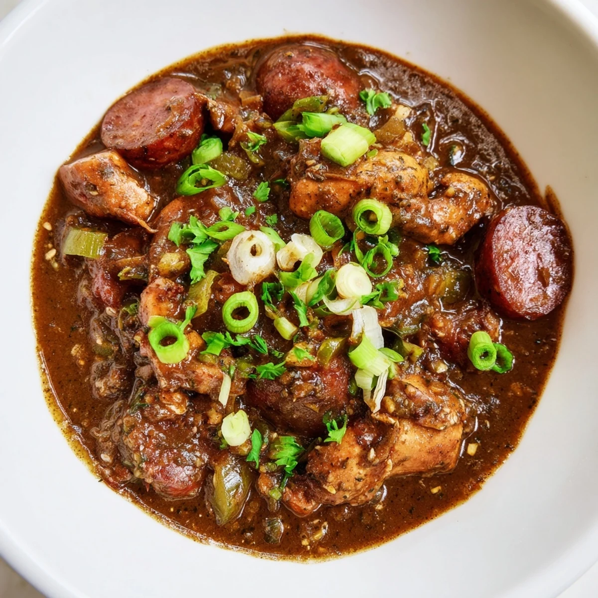 Spicy Cajun Chicken and Beef Sausage Gumbo garnished with fresh green onions and parsley, ready to be ladled over fluffy white rice for dinner.
