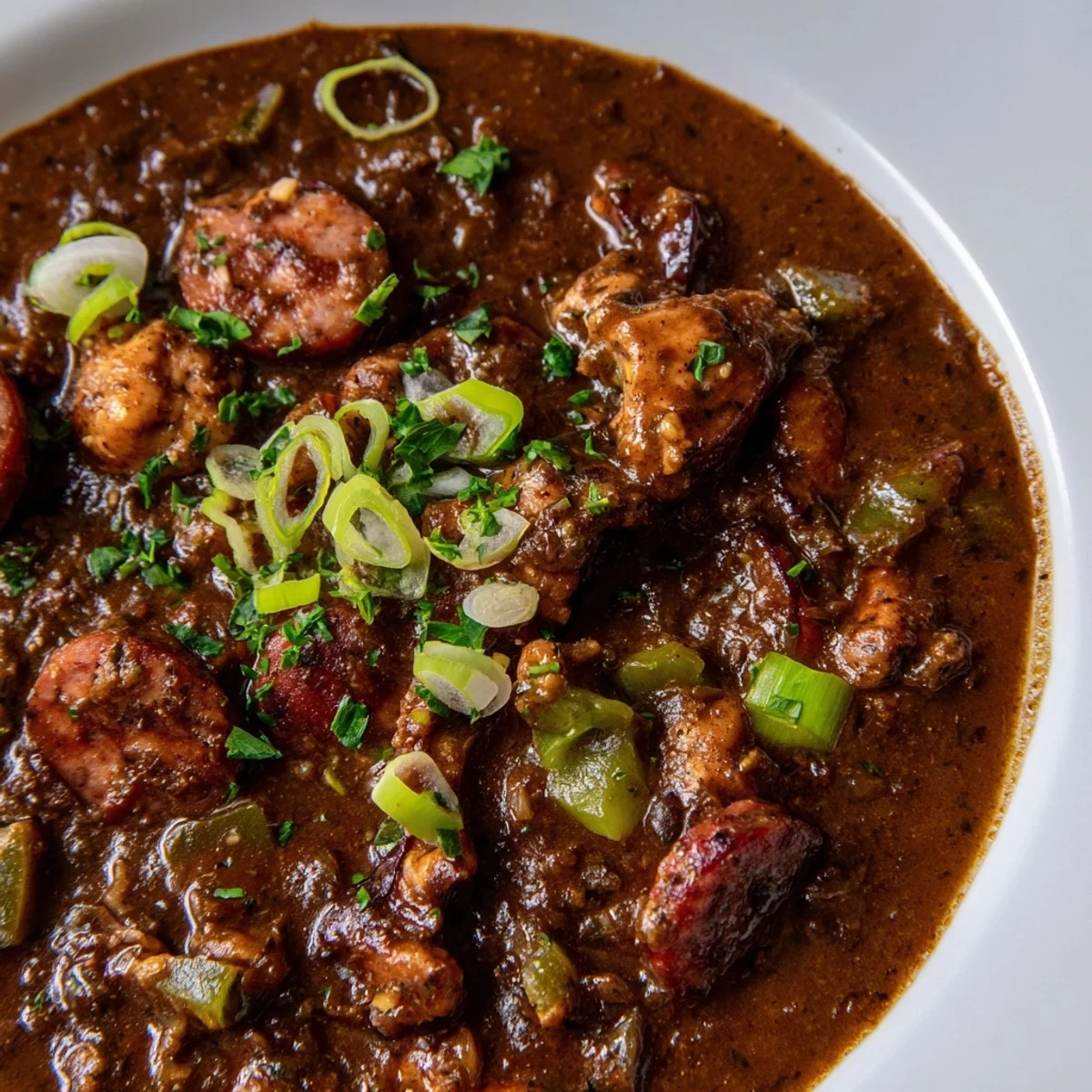 Hearty Cajun Chicken and Beef Sausage Gumbo simmering in a Dutch oven, featuring smoky sausage slices and chicken pieces in a deep mahogany roux.
