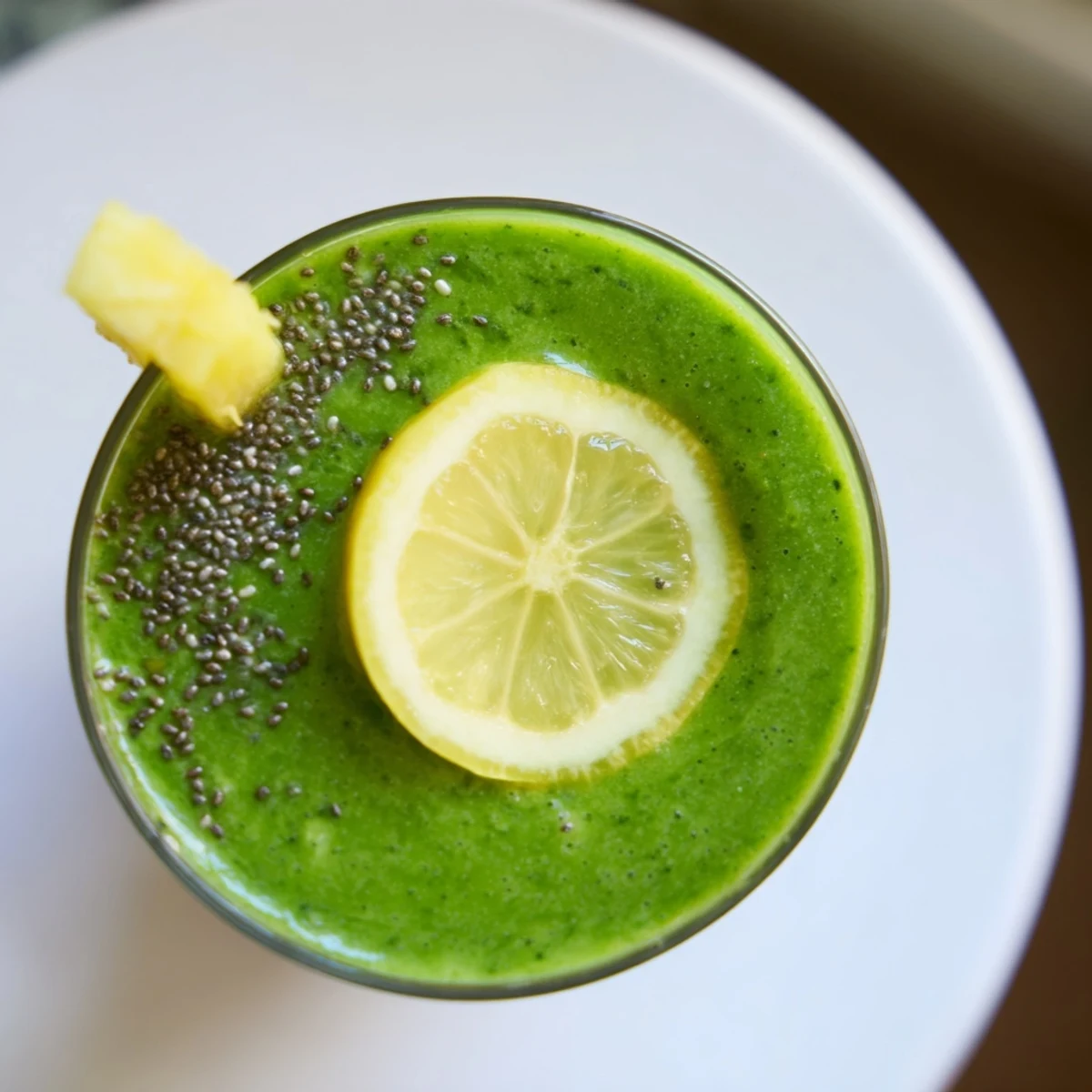 A tall glass of Green Smoothie with Kale, Pineapple, and Ginger glistens with a vibrant green hue, garnished with a fresh kale leaf. 