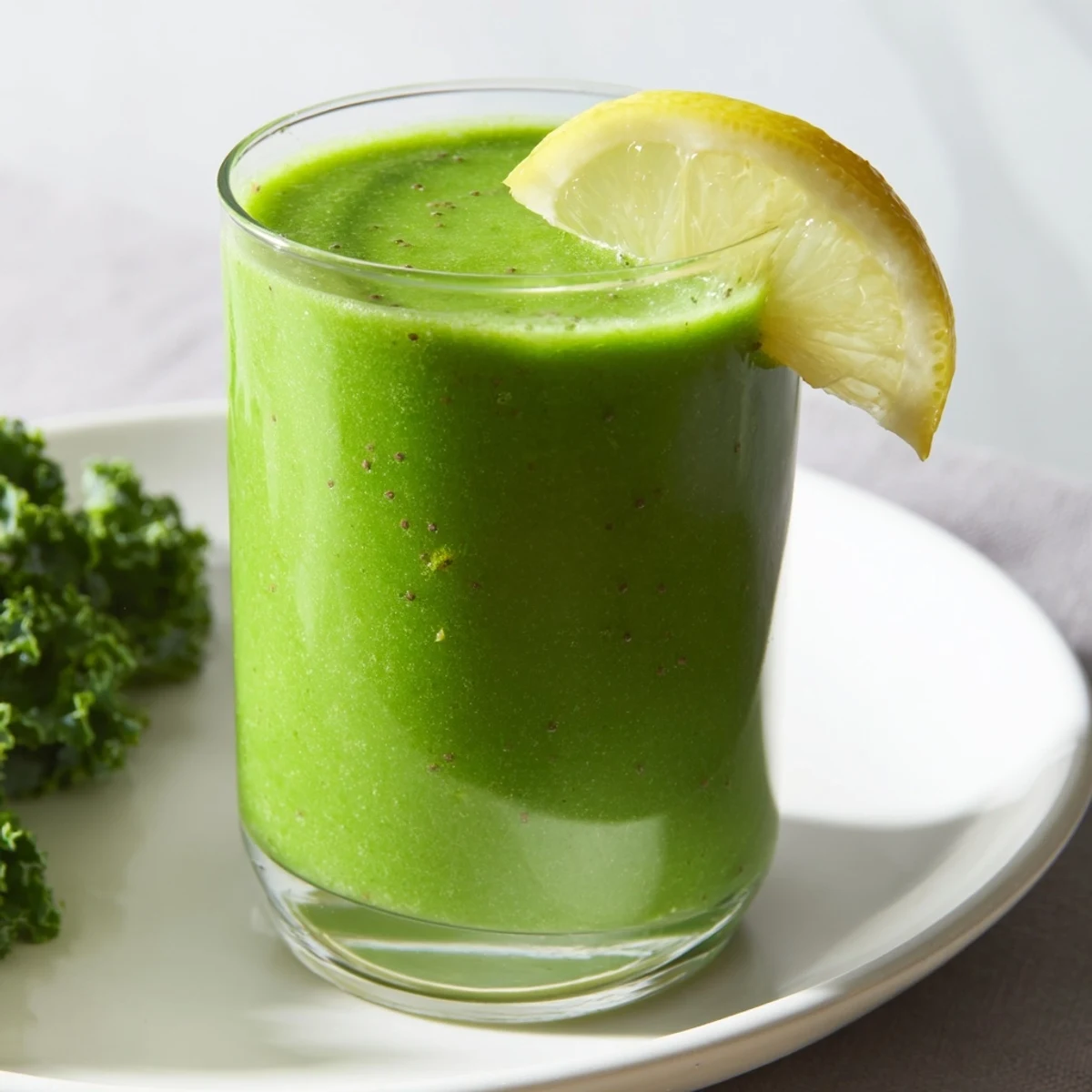 Blender pouring Green Smoothie with Kale, Pineapple, and Ginger into a mason jar, showing creamy texture and tropical green color. 