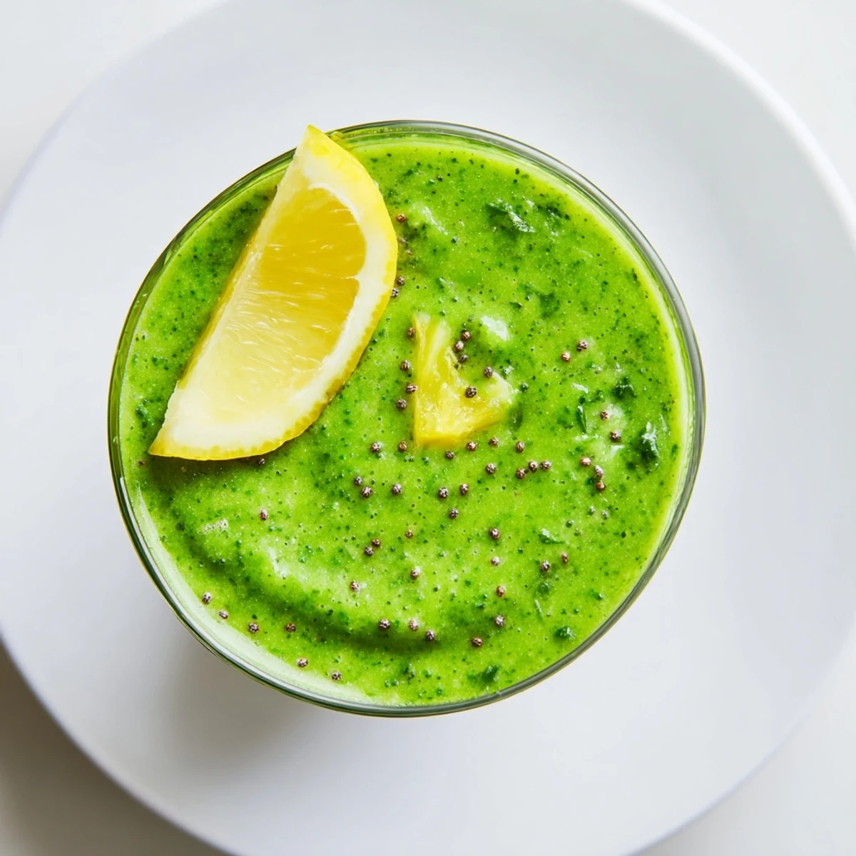Overhead view of Green Smoothie with Kale, Pineapple, and Ginger served with a colorful straw and fresh fruit garnish on a wooden table.