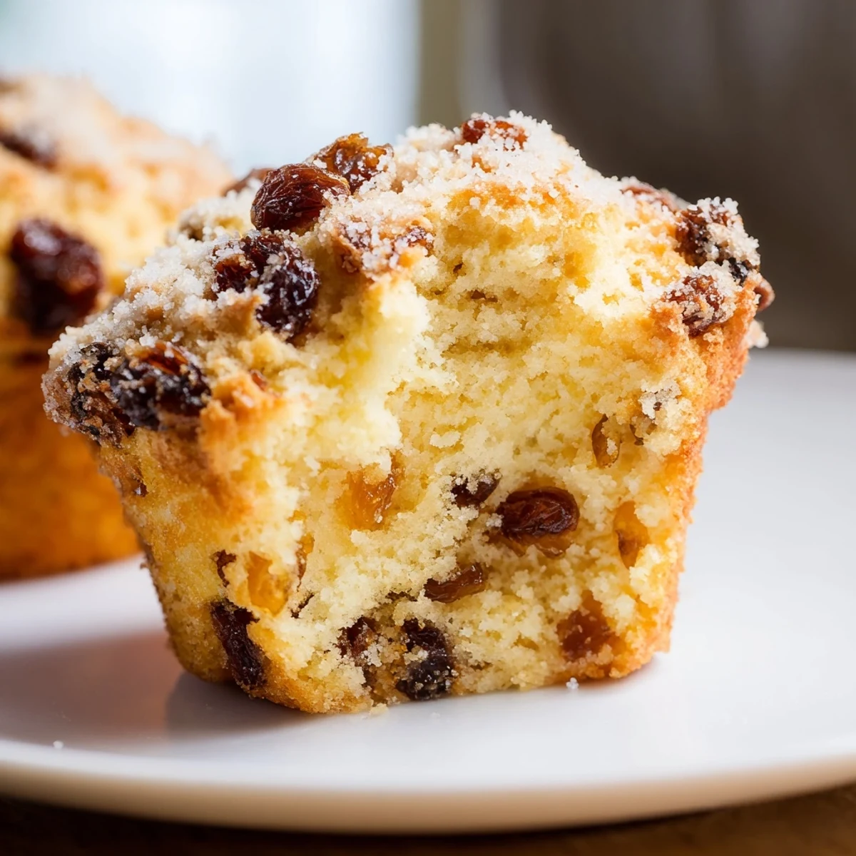 Golden raisin studded Irish Soda Bread Muffins baked to a light golden brown.