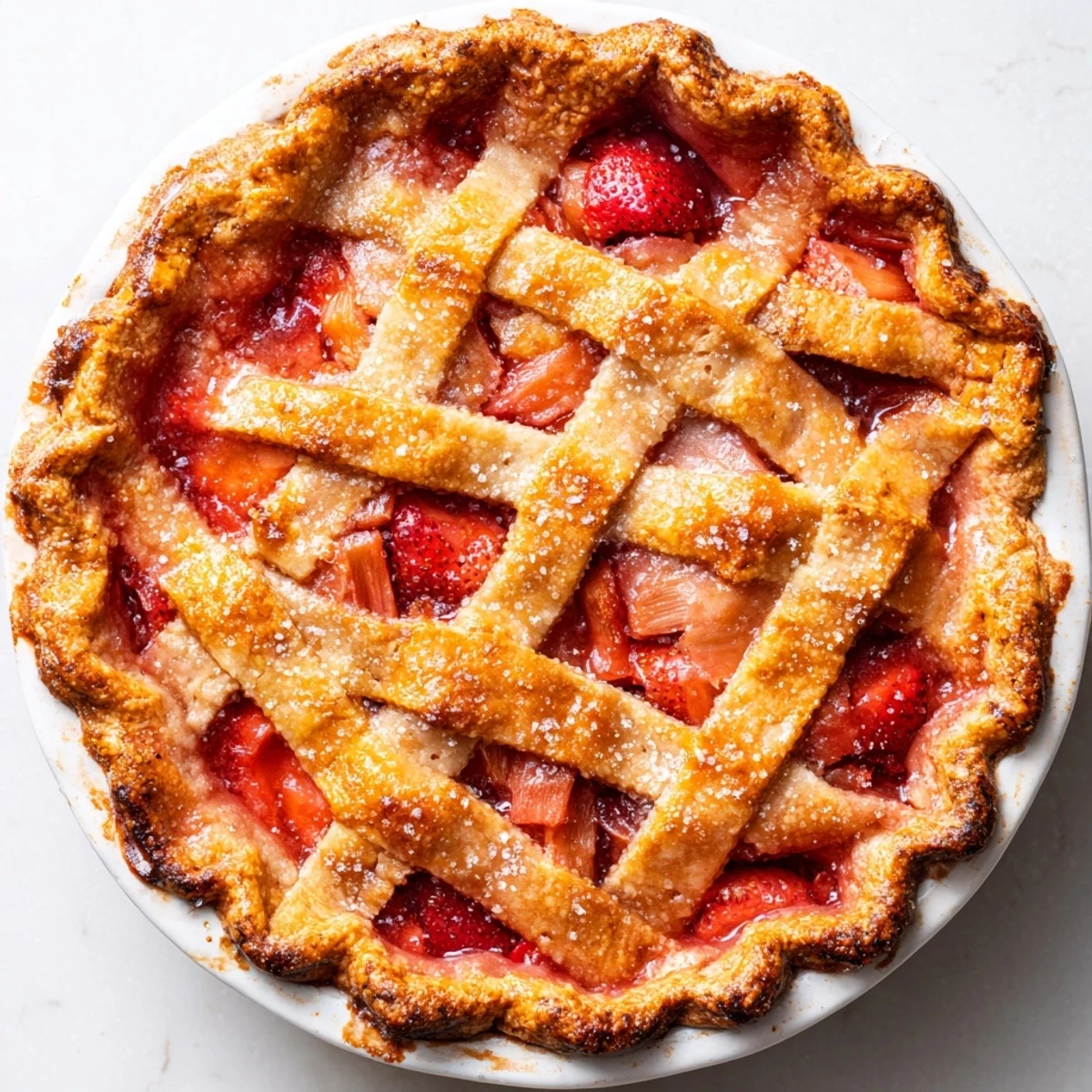 A close-up of homemade Strawberry Rhubarb Pie with Lattice Top, golden crust and fresh fruit filling on a rustic table.
