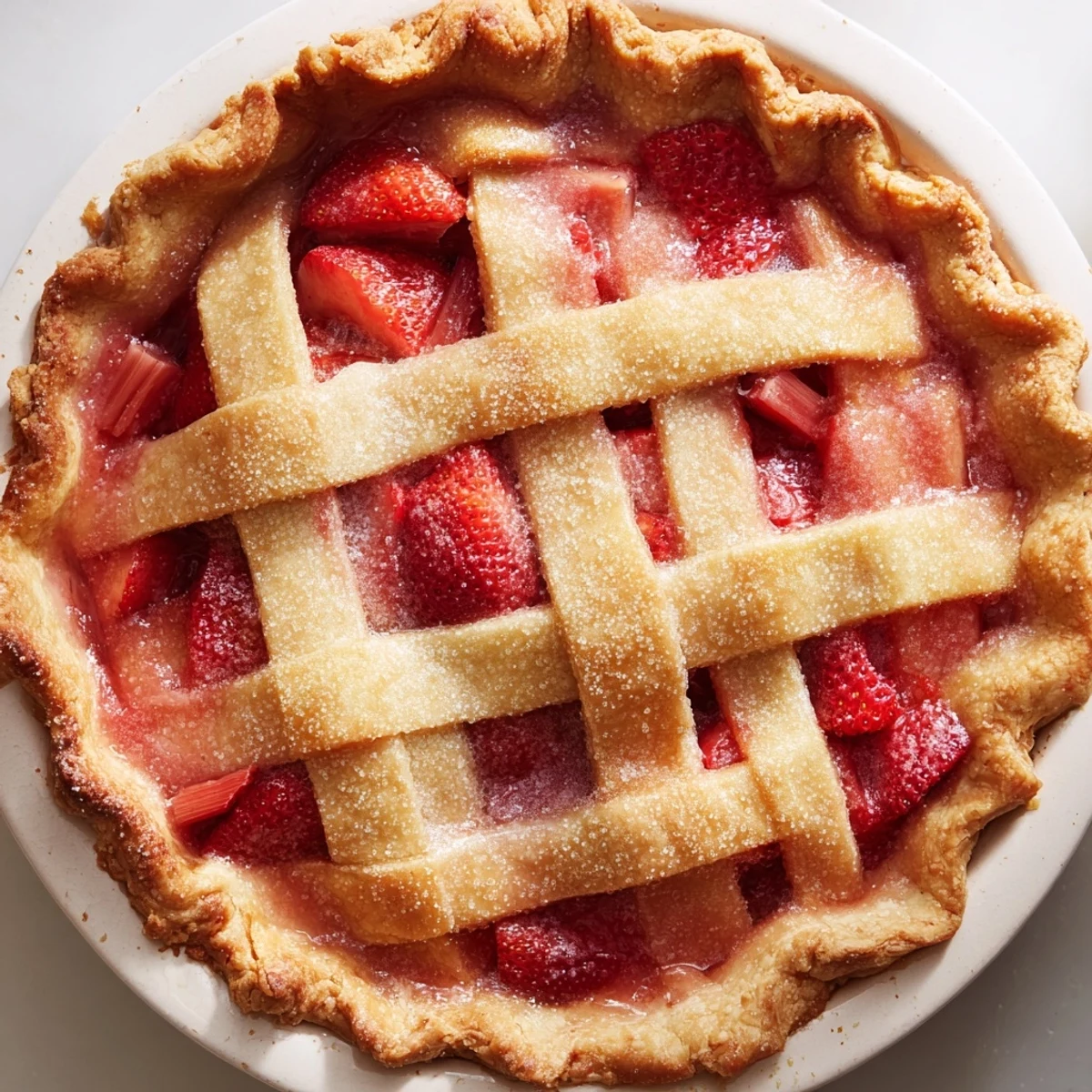 Strawberry Rhubarb Pie with Lattice Top cooling on a wire rack, lattice crust shimmering with coarse sugar under soft light.