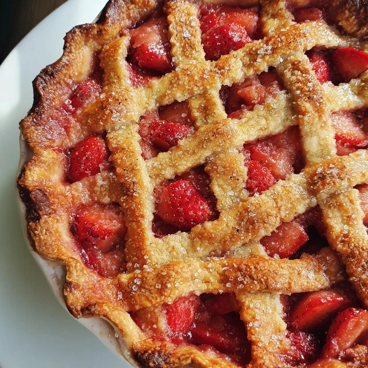 Slice of warm Strawberry Rhubarb Pie with Lattice Top served on a white plate, ready for a scoop of vanilla ice cream.