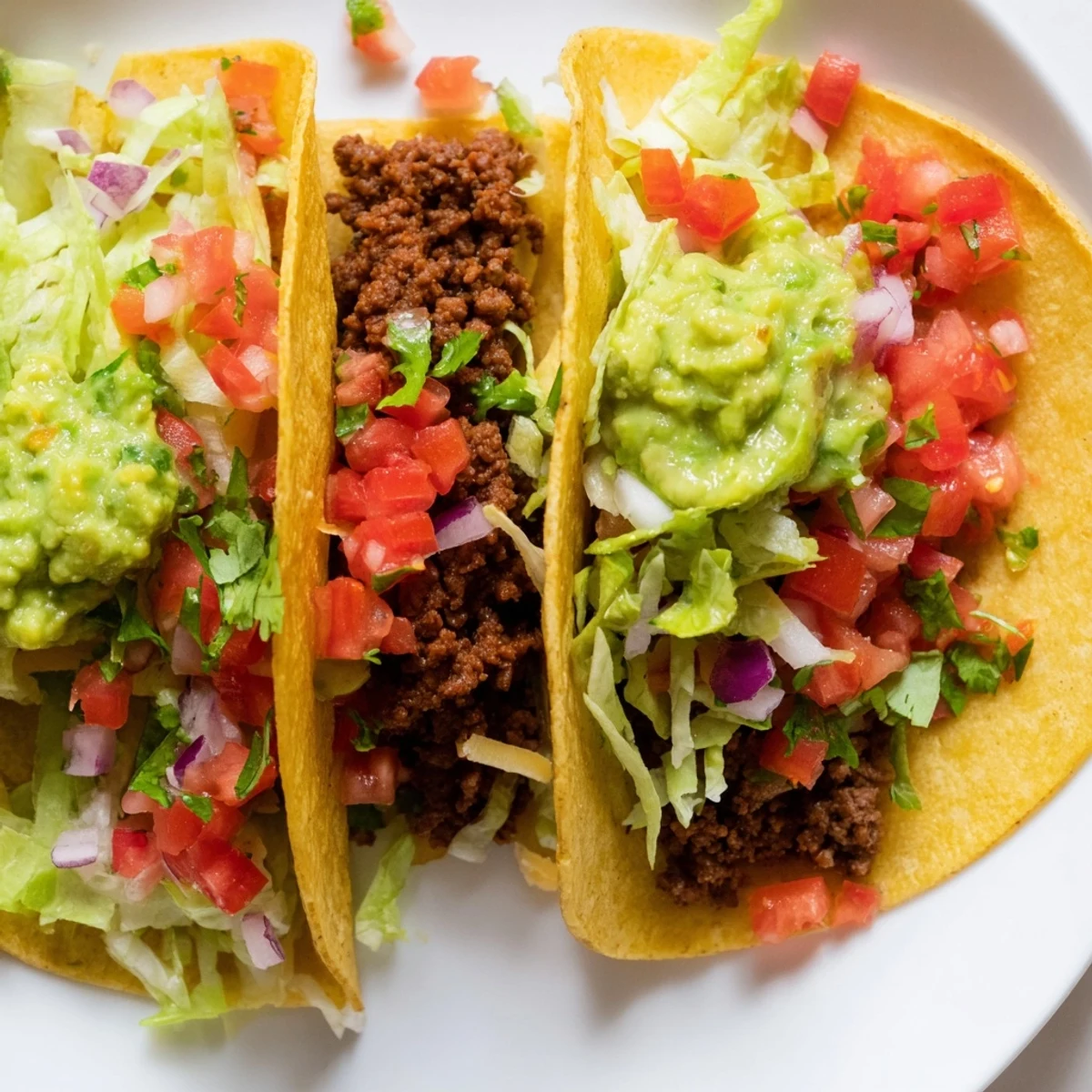 Juicy, seasoned ground beef and creamy guacamole top warm corn tortillas in this Beef Tacos with Homemade Salsa and Guacamole.
