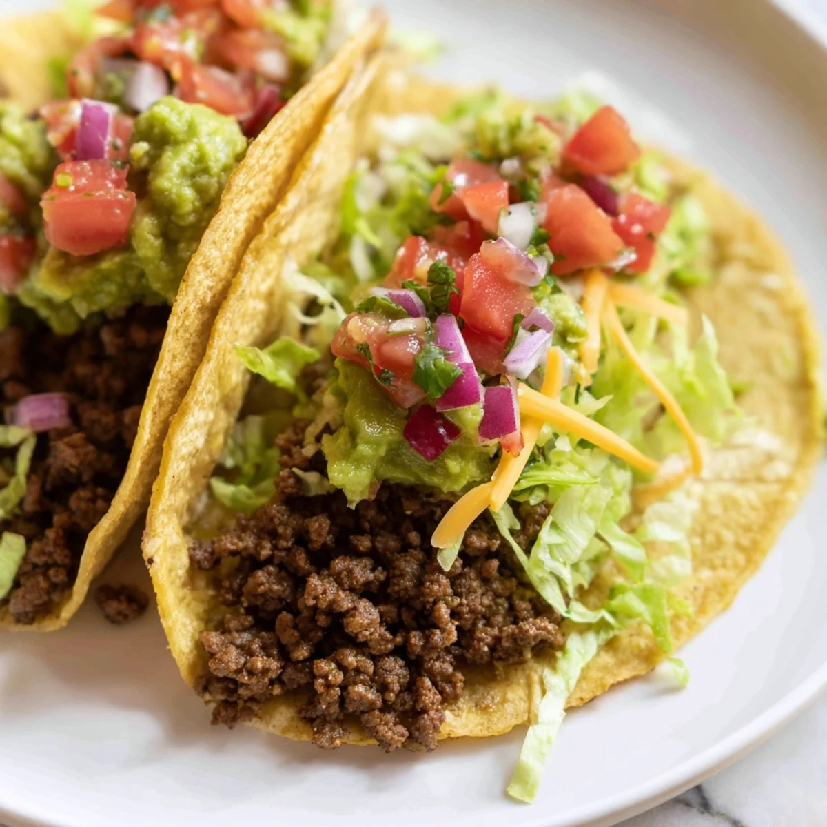 A close-up shows the savory filling and colorful toppings of Beef Tacos with Homemade Salsa and Guacamole, ready to serve.