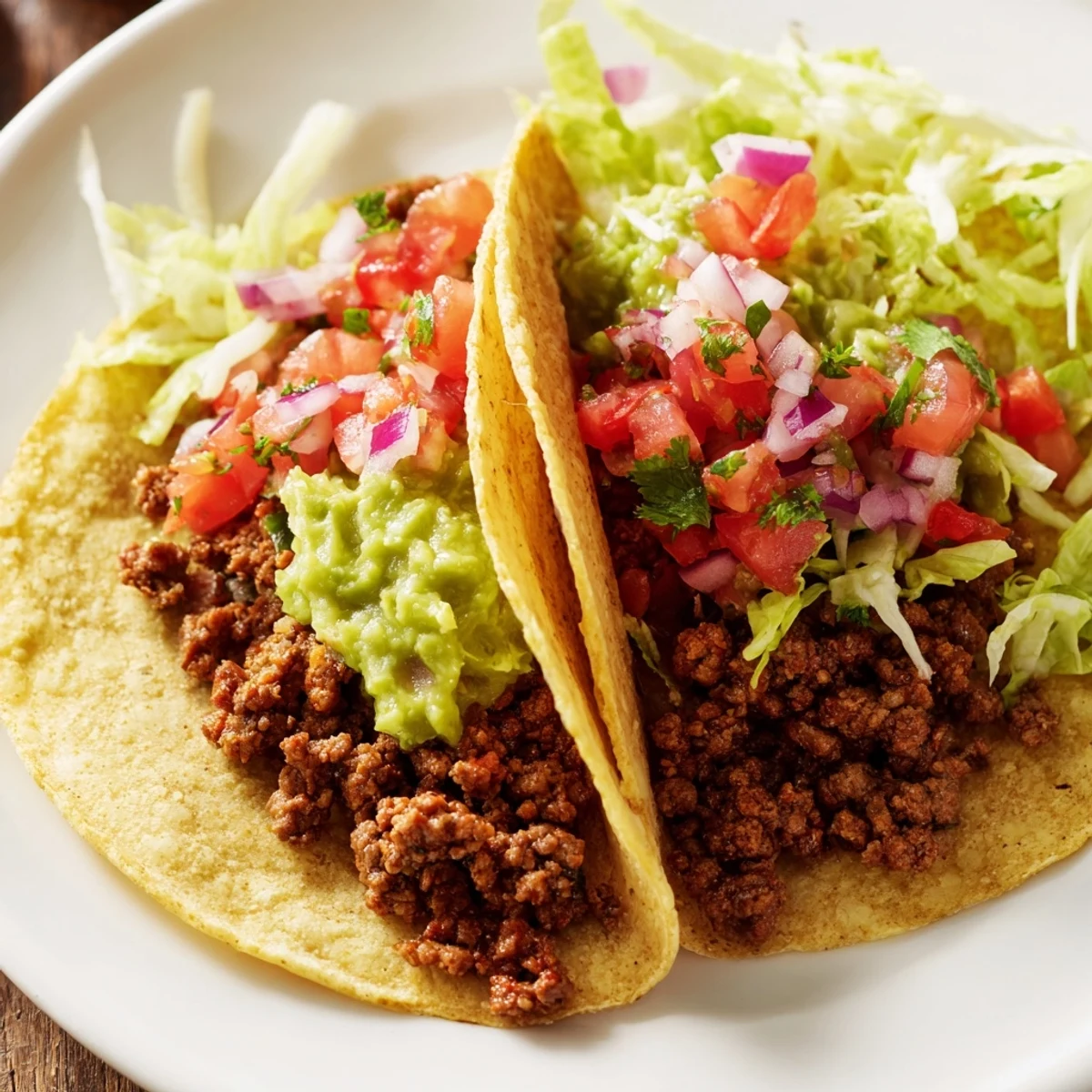 Vibrant fresh salsa and melted cheddar cheese garnish these sizzling Beef Tacos with Homemade Salsa and Guacamole on a plate.