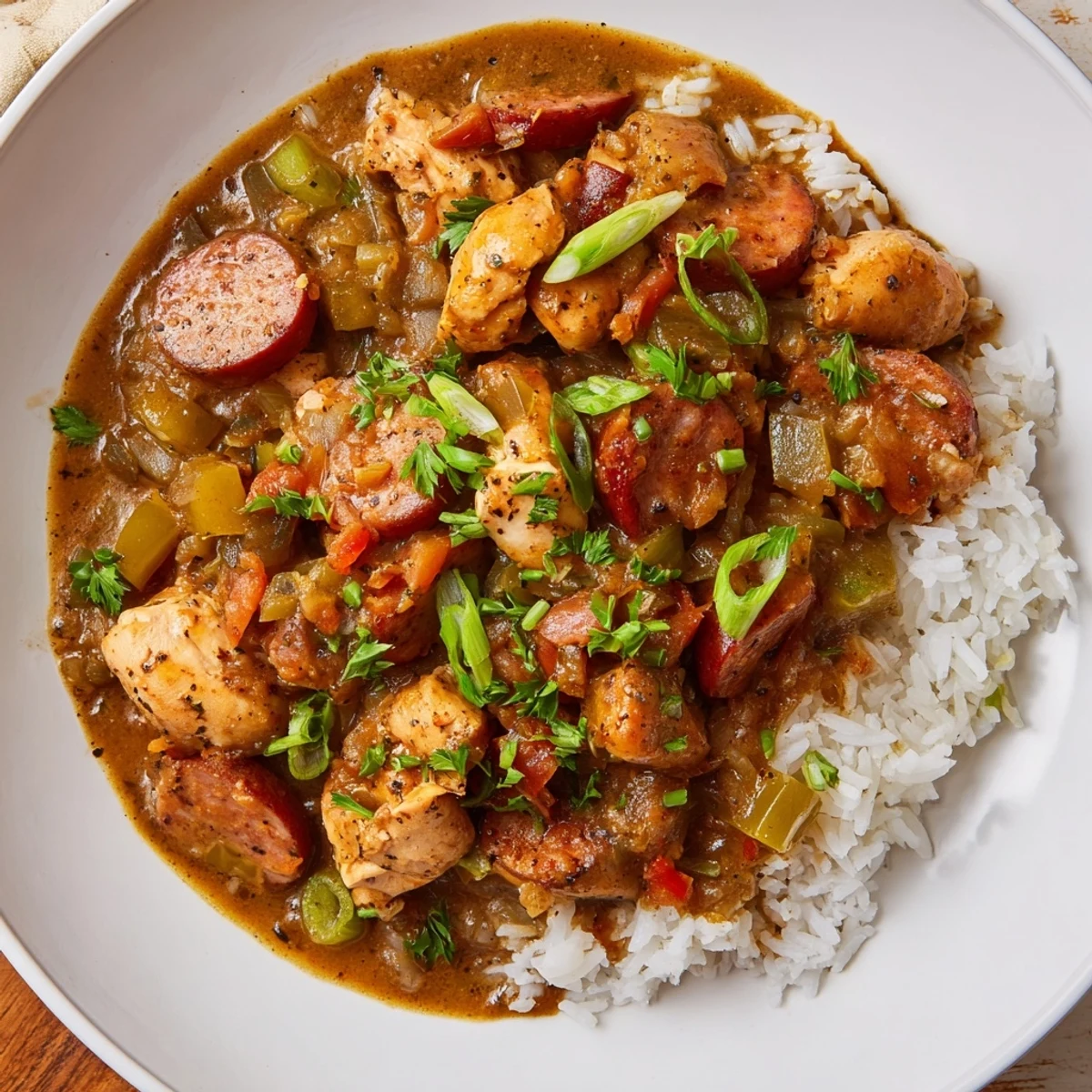Steaming bowl of Cajun Chicken and Beef Sausage Gumbo served over fluffy white rice, garnished with fresh parsley.