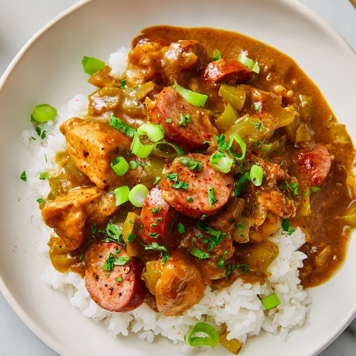 Spicy Cajun Chicken and Beef Sausage Gumbo simmering in a Dutch oven with aromatic vegetables and a slice of crusty bread.