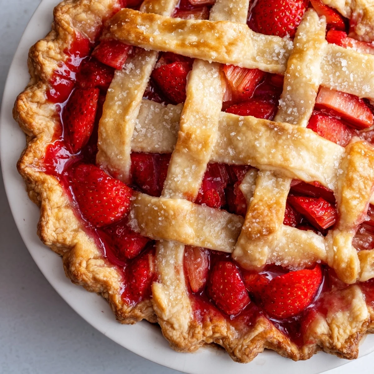 Close-up of the Strawberry Rhubarb Pie with Lattice Top, showcasing the perfectly woven crust, fresh strawberries, and chopped rhubarb baked to perfection.
