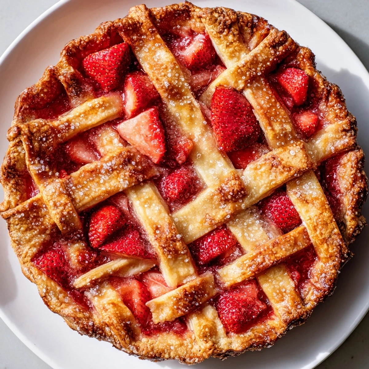 Overhead view of the Strawberry Rhubarb Pie with Lattice Top cooling on a wire rack, with a scoop of vanilla ice cream ready to serve.