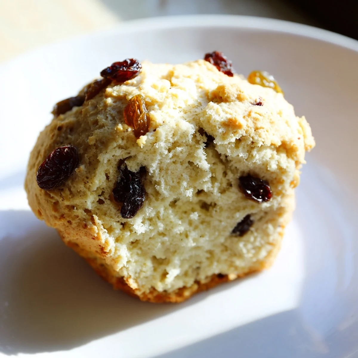 Freshly baked Irish Soda Bread Muffins with golden raisins and a tender, crumbly texture on a rustic wooden board.