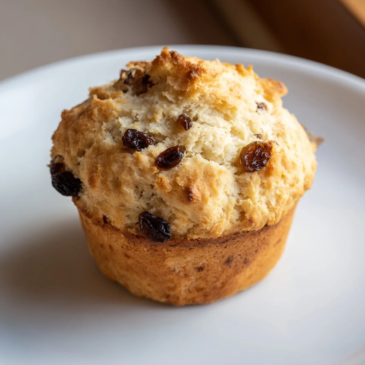 Golden raisins peeking out of tender Irish Soda Bread Muffins ready to be enjoyed at a cozy St. Patrick's Day brunch.