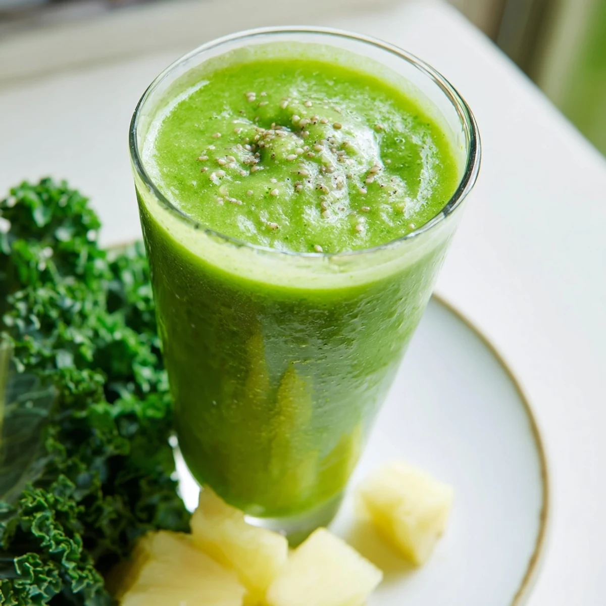 A tall glass of the Green Smoothie with Kale, Pineapple, and Ginger, garnished with a fresh kale leaf and a slice of pineapple, ready for a refreshing sip.