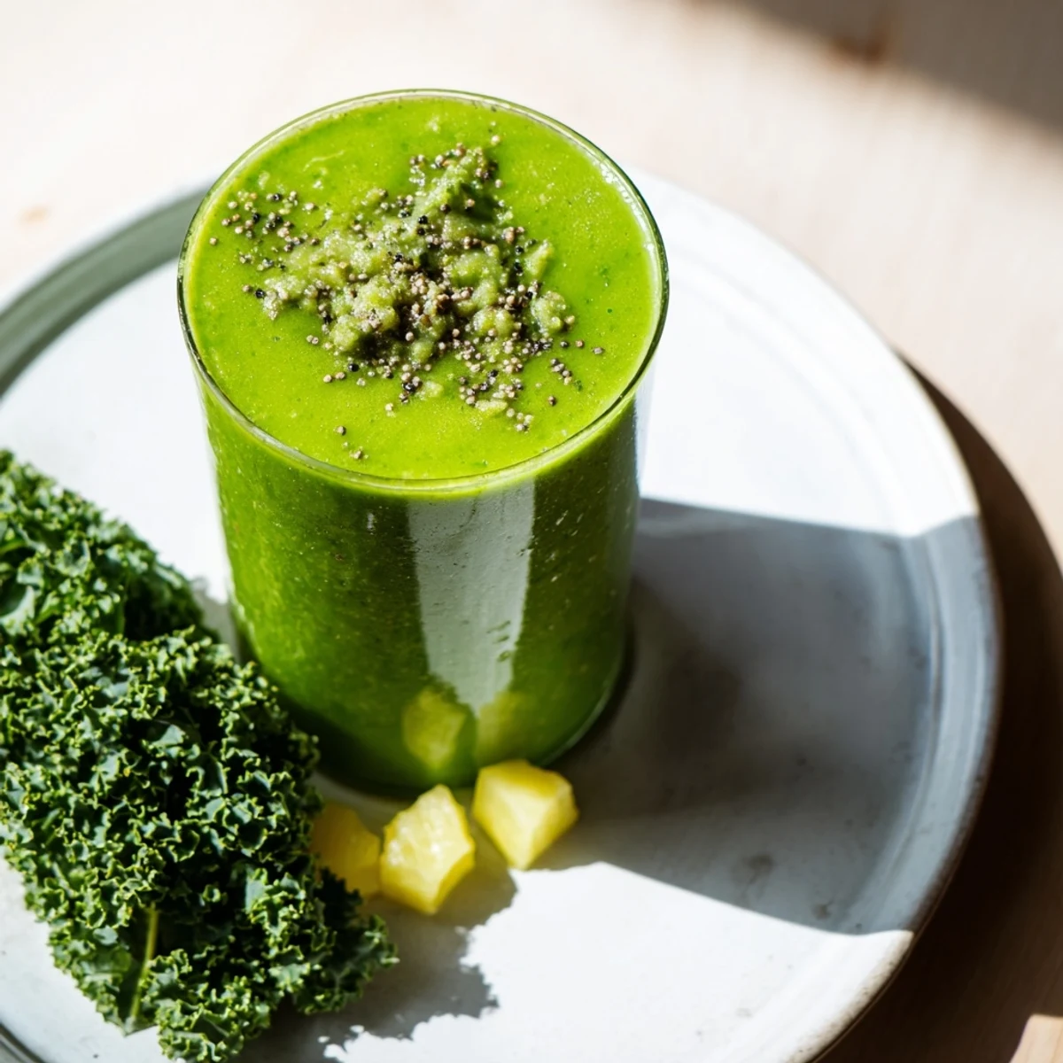 The Green Smoothie with Kale, Pineapple, and Ginger in a clear mason jar, showing a creamy green texture with visible flecks of kale and ginger.