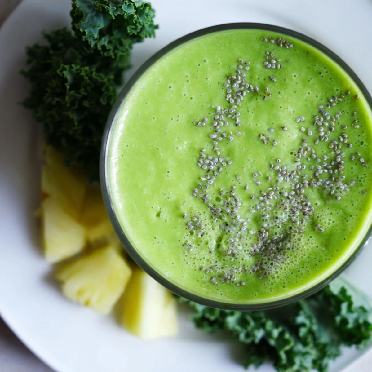 Close-up of a vibrant Green Smoothie with Kale, Pineapple, and Ginger topped with chia seeds, served beside fresh pineapple and ginger on a wooden table.