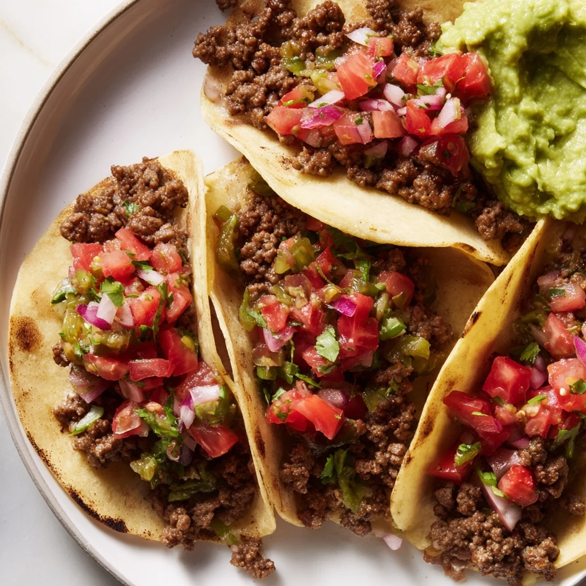 Warm corn tortillas cradling juicy seasoned beef, topped with vibrant homemade salsa and creamy guacamole for a festive meal.