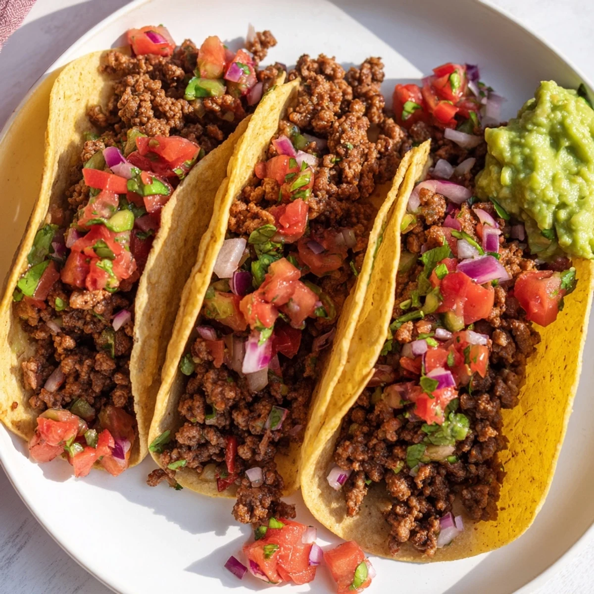 A close look at seasoned ground beef, zesty salsa, and rich guacamole piled into golden tortillas for easy weeknight dinner.