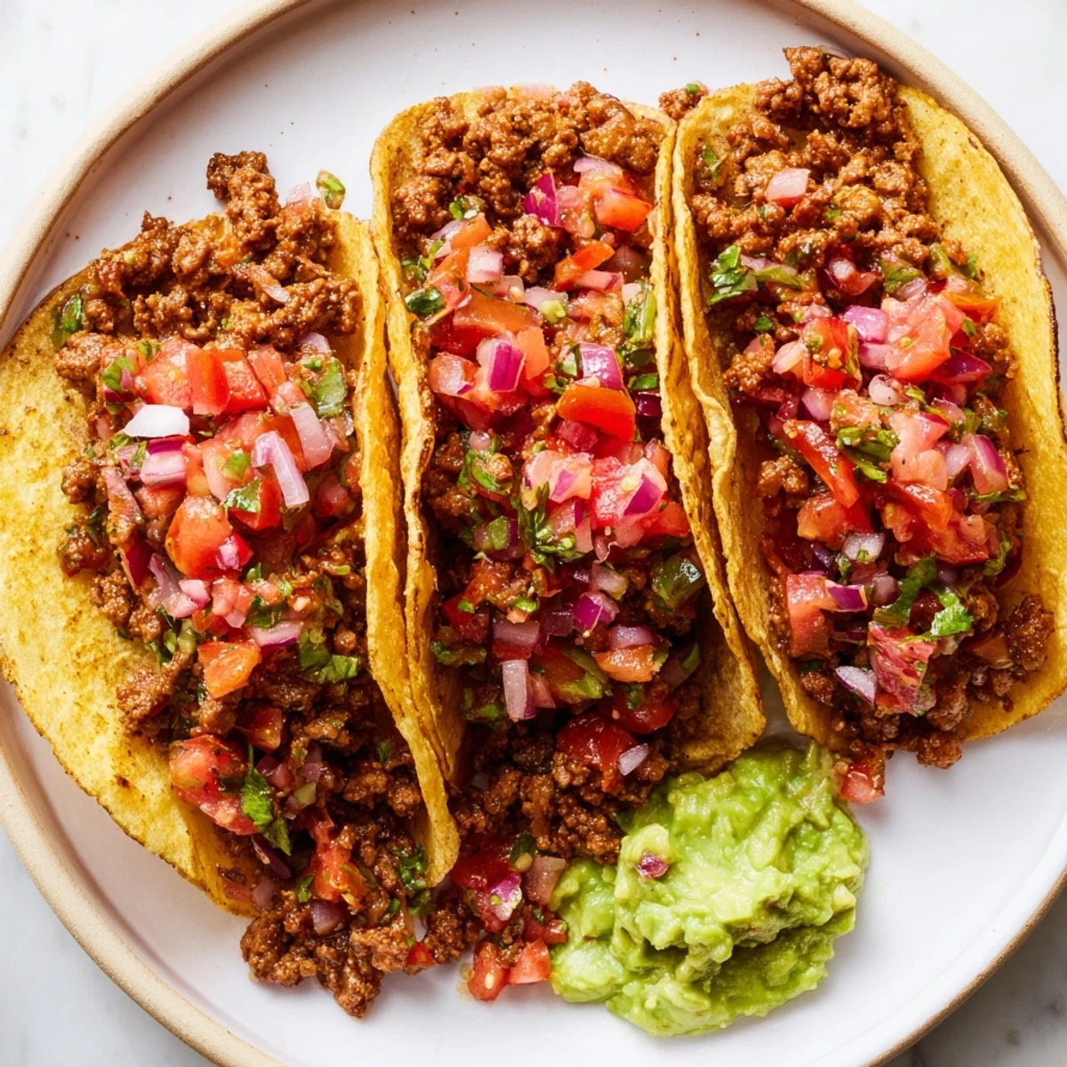 Beef Tacos with Homemade Salsa and Guacamole served on a plate with lime wedges and fresh cilantro garnish.