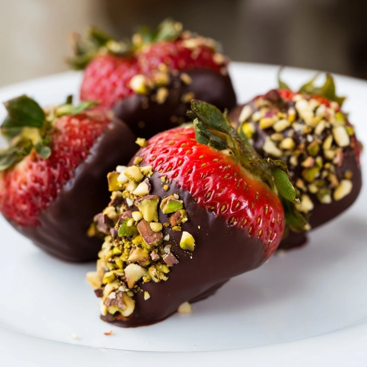A close view of Chocolate Dipped Strawberries with Nuts, the glossy chocolate shell broken to reveal tender fruit inside, served on a white plate.