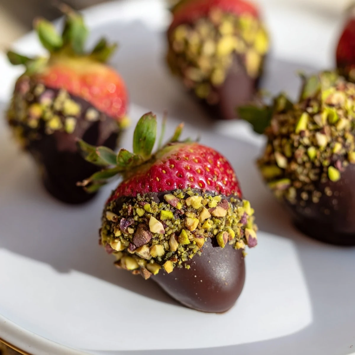 Fresh Chocolate Dipped Strawberries with Nuts on a platter, the juicy red berries coated in smooth dark chocolate and crunchy mixed nuts for a sweet treat.
