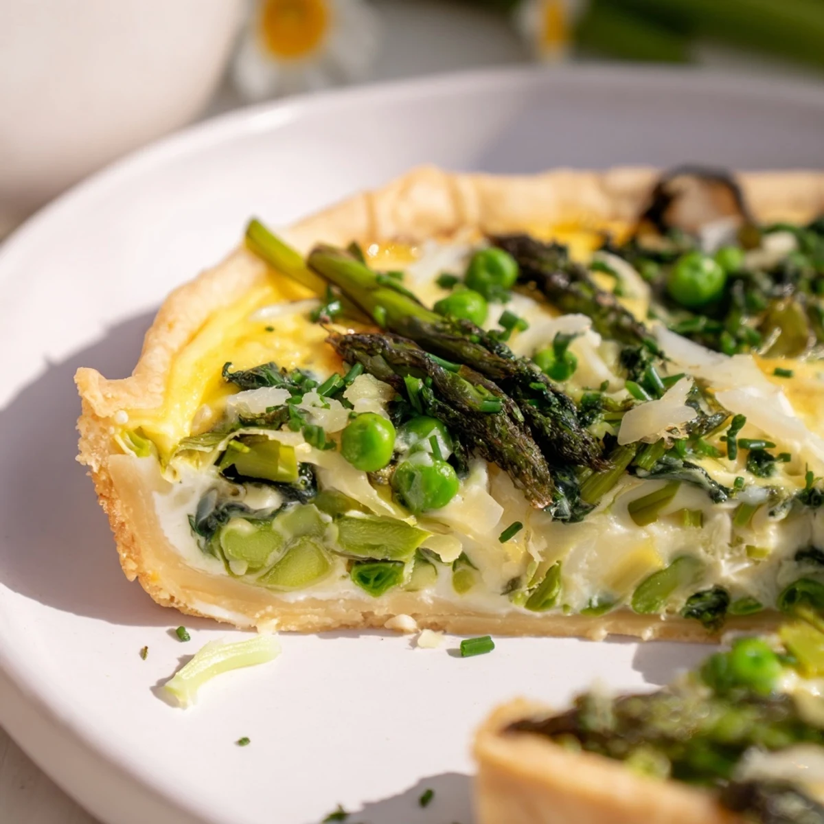 Close-up of Spring Vegetable Quiche with Crust, showing the flaky crust and savory filling studded with green vegetables.