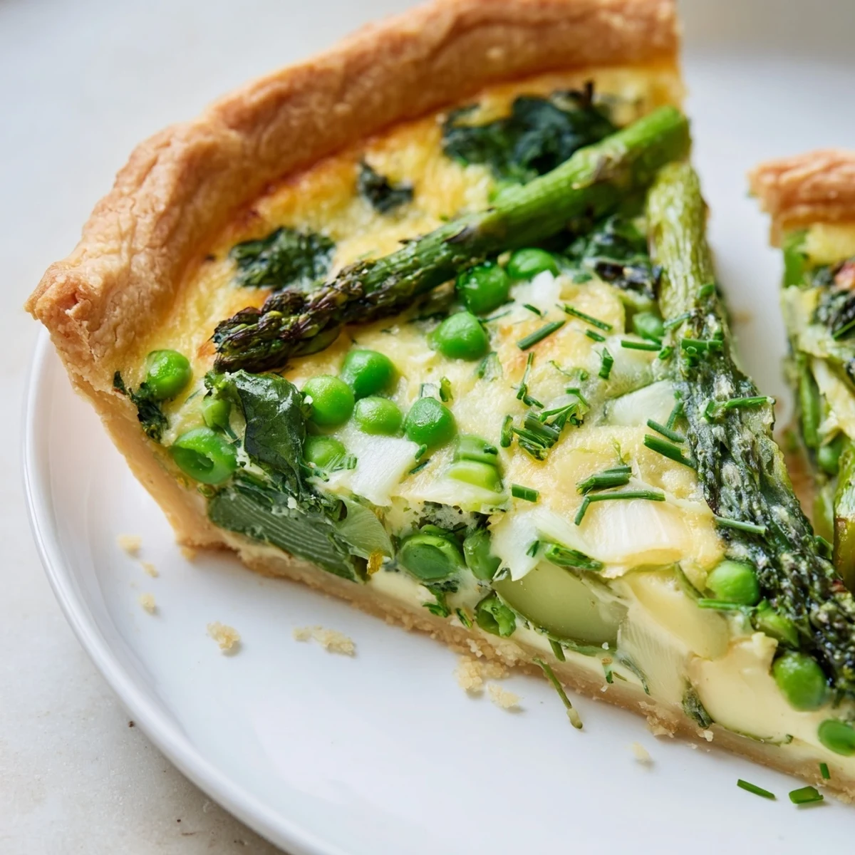 Slice of Spring Vegetable Quiche with Crust served warm on a plate, paired with a glass of white wine.