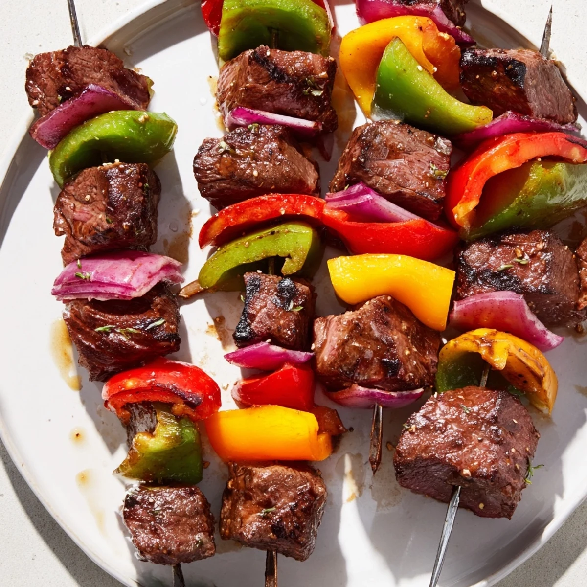 Golden-brown grilled Beef Kebabs with Bell Peppers and Onions sizzling on a plate.  
