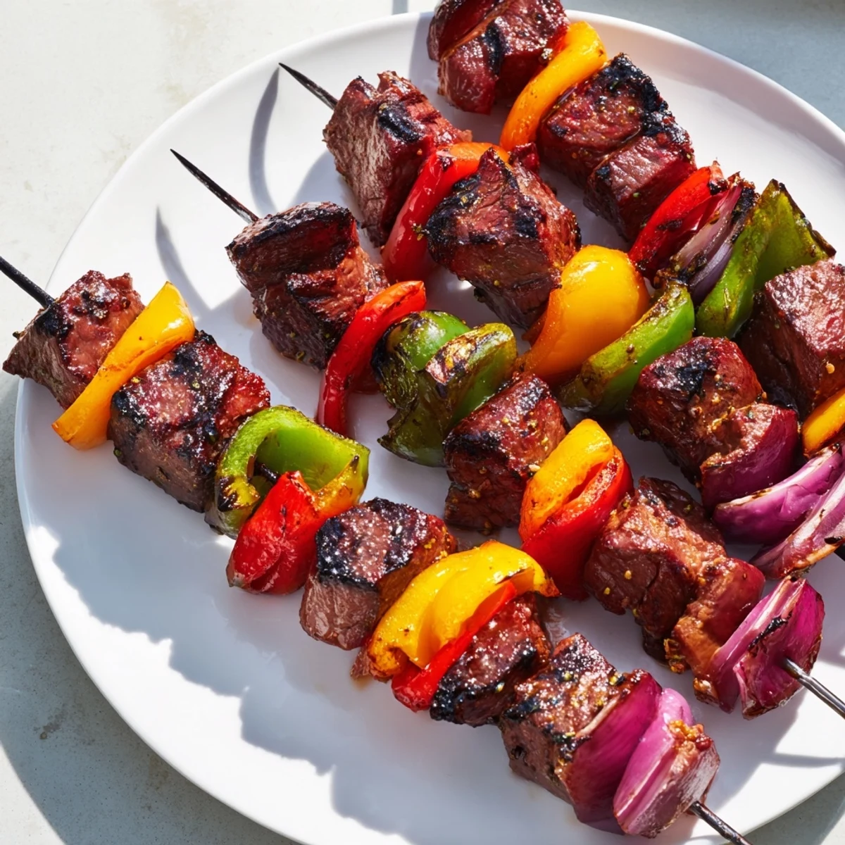 Freshly cooked Beef Kebabs with Bell Peppers and Onions served over fluffy rice.  