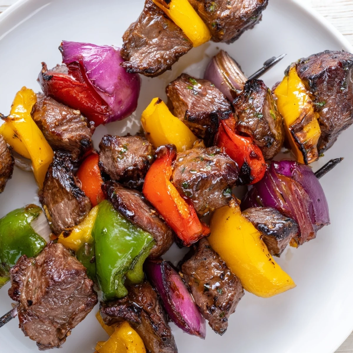 Charred skewers of Beef Kebabs with Bell Peppers and Onions ready for a barbecue.
