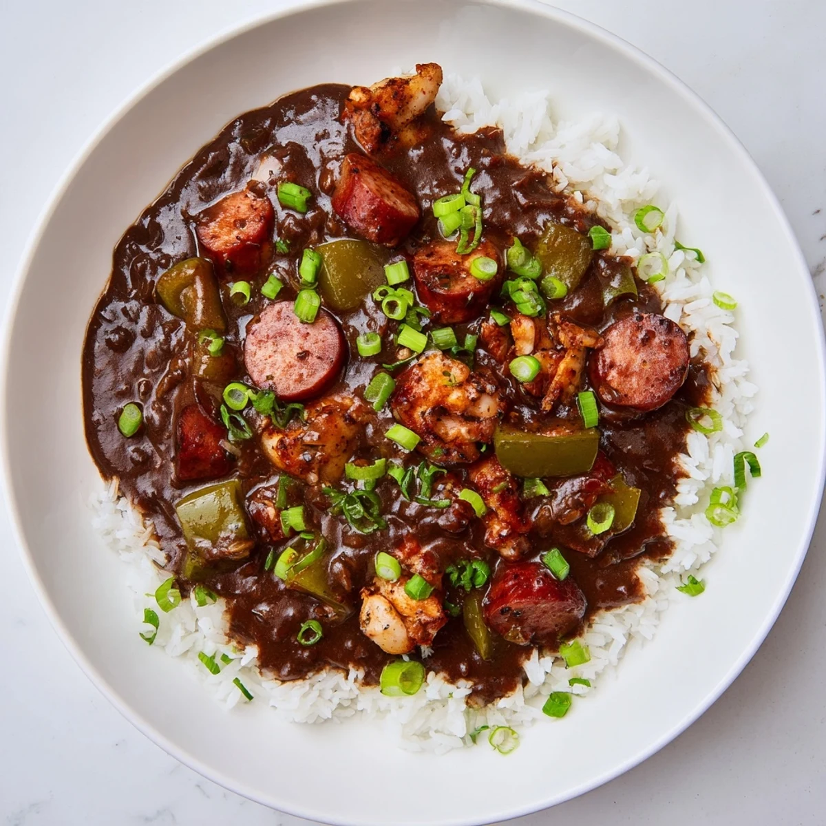 A steaming bowl of Cajun Chicken and Sausage Gumbo, featuring tender chicken and smoky andouille in a rich dark roux over fluffy rice, garnished with fresh green onions and parsley.