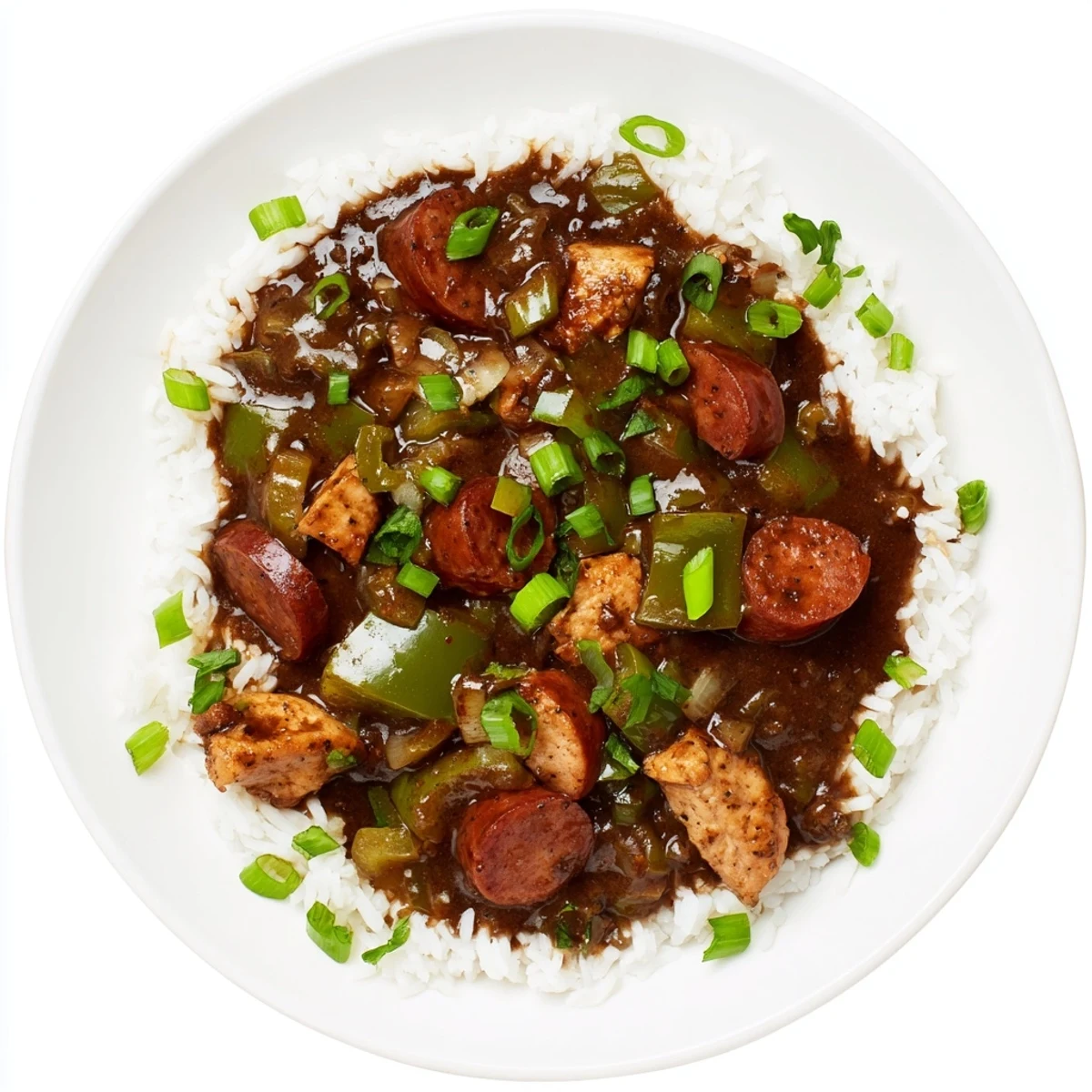 Overhead shot of Cajun Chicken and Sausage Gumbo served family-style, with a ladle in the pot revealing chunks of chicken and sausage, alongside a small dish of hot sauce and crusty bread.