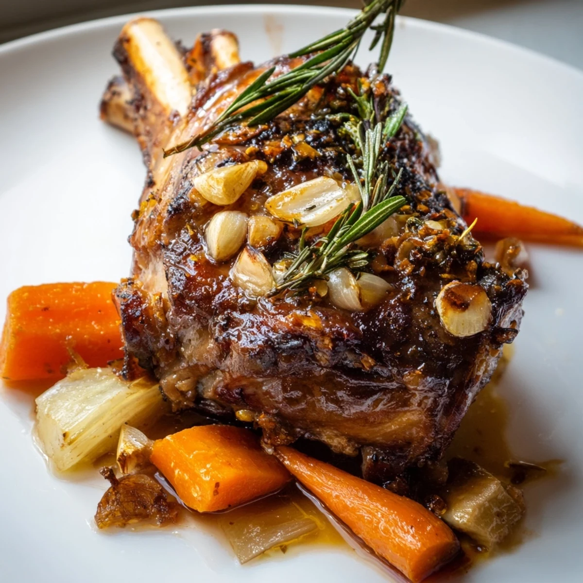 Roasted Lamb Leg with Rosemary and Garlic resting on a bed of roasted onions, carrots, and celery with pan juices.