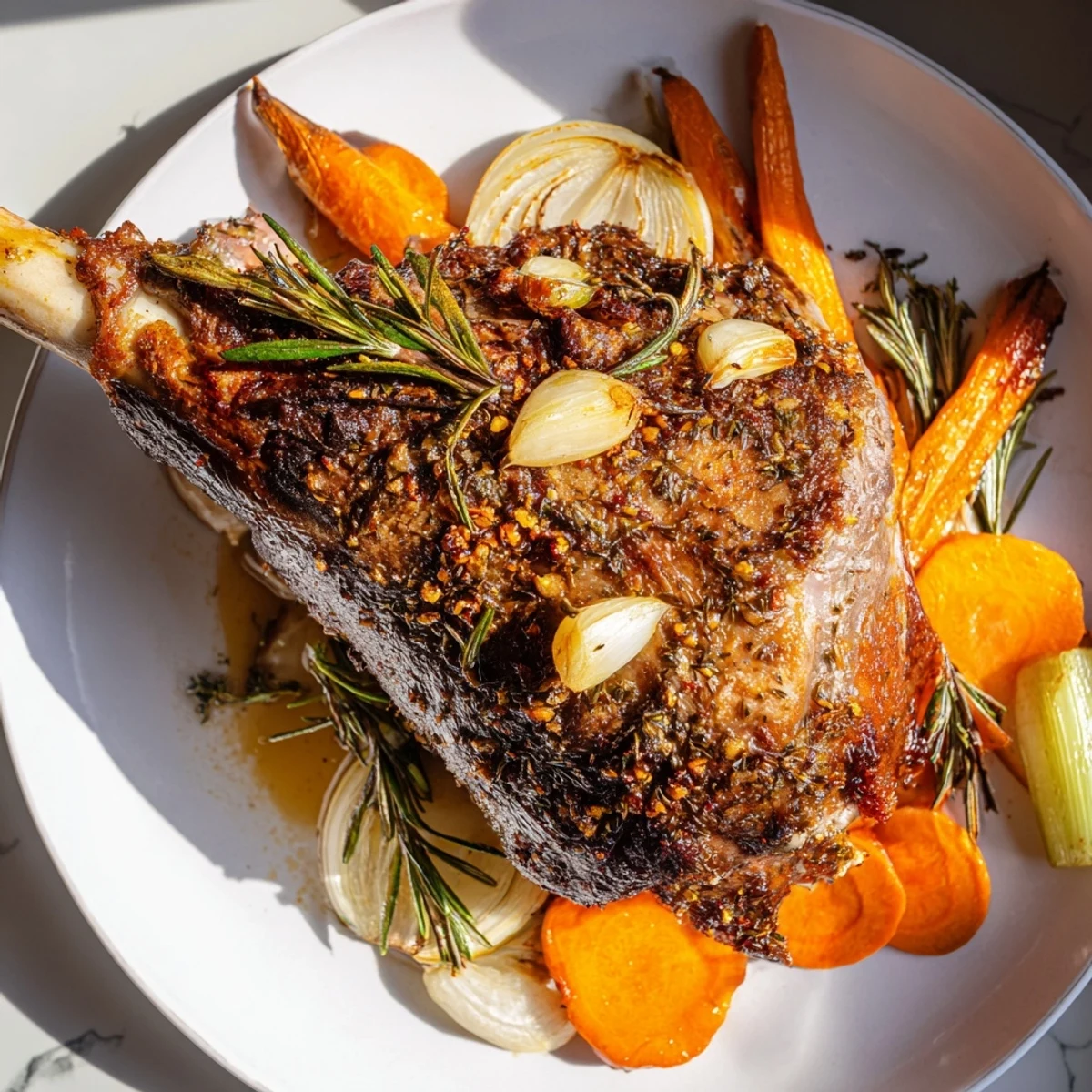 A close-up of golden-brown Roasted Lamb Leg with Rosemary and Garlic, sliced to show juicy pink meat and aromatic herbs.