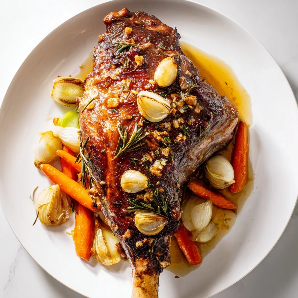 Perfectly carved slices of Roasted Lamb Leg with Rosemary and Garlic served with roasted potatoes and a glass of red wine.