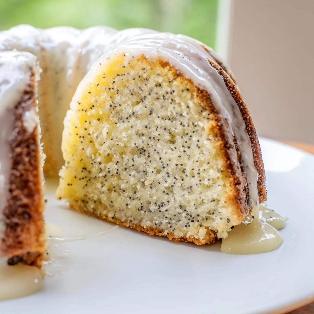 A glazed Lemon Poppy Seed Bundt Cake sits on a white plate, drizzled with tangy lemon glaze, ready to serve.